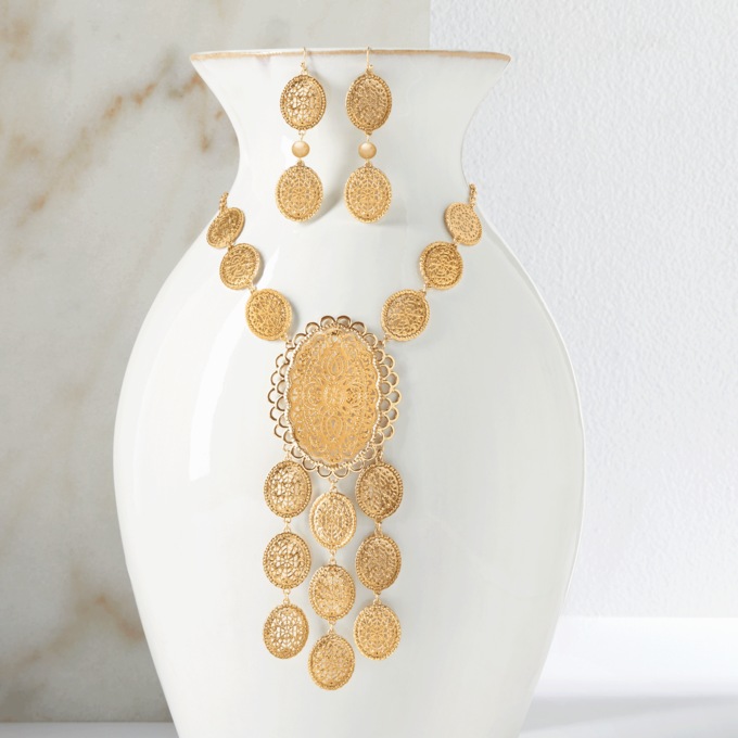 Metallic Lace Ovals Necklace & Earring Set, , large