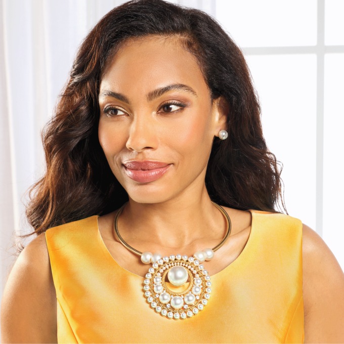 Faux-Pearl Round Necklace & Earring Set, , large