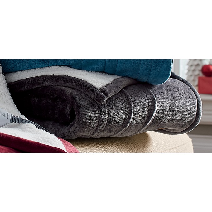 Westinghouse Reversible Fleece to Sherpa Heated Throw, Plush, Charcoal, large
