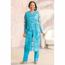 Moneca Embellished 3-Piece Women&rsquo;s Pant Set with Sequin-Mesh Jacket and Tank, , large