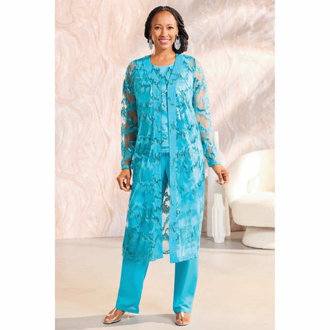 Moneca Embellished 3-Piece Women&rsquo;s Pant Set with Sequin-Mesh Jacket and Tank, , large