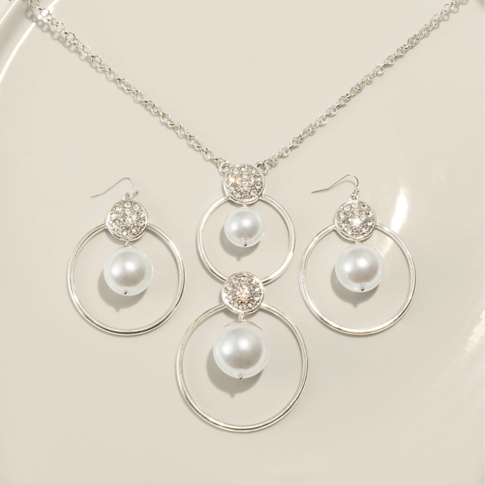 Double Ring Faux-Pearl and Crystal Necklace/Earring Set, , large