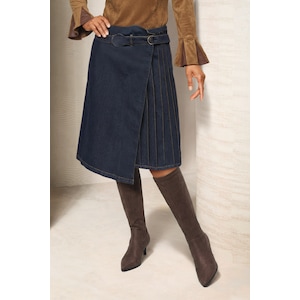 Deana Asymmetrical Faux-Wrap Denim Skirt with Pleats and O-Ring Belt, , large