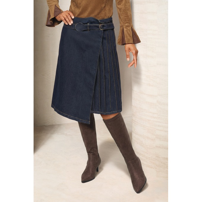 Deana Asymmetrical Faux-Wrap Denim Skirt with Pleats and O-Ring Belt, , large