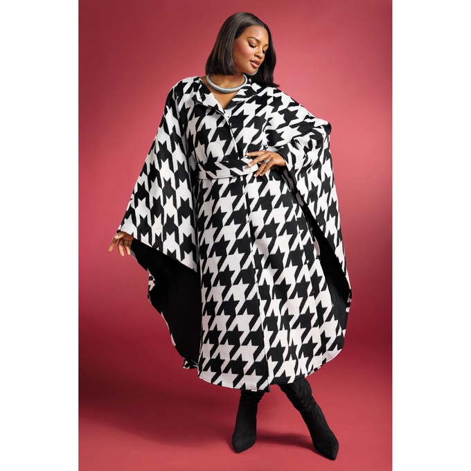 Bree Belted Fleece Cape Coat with Oversized Fit and Snap Belt, Black White Houndstooth, large