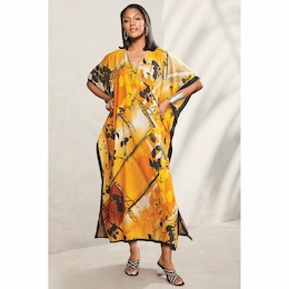 Zuri Women&rsquo;s Long Maxi Caftan with V-Neckline in Abstract Print, , large