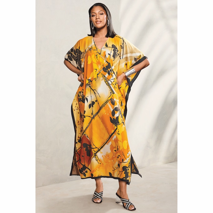 Zuri Women&rsquo;s Long Maxi Caftan with V-Neckline in Abstract Print, , large