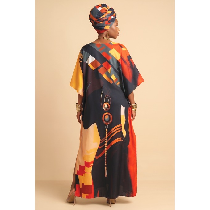 Nia Long Printed Caftan with Matching Headwrap, Multi, large