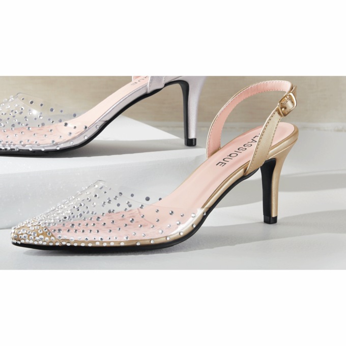 Classique Rhinestone Vinyl Halter Pump, Gold, large