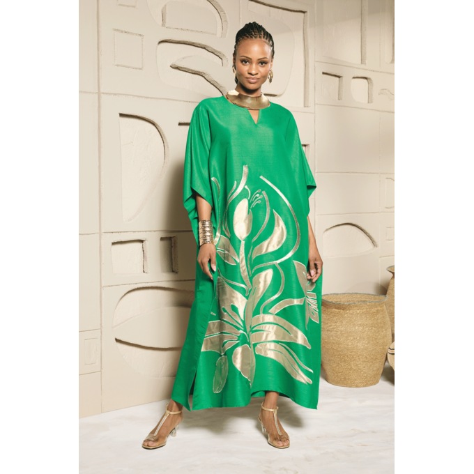 Mardea Long Embroidered Satin Appliqu&eacute; Caftan, Emerald Green, large