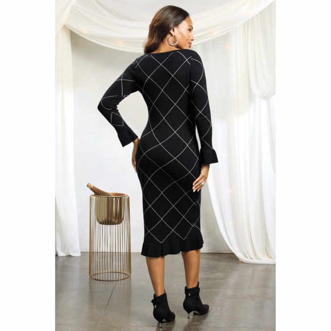 Metallic Diamond-Pattern Sweater Dress, , large
