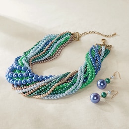 Multi-Strand/Multicolor Faux-Pearl Necklace &amp; Earring Set, , large