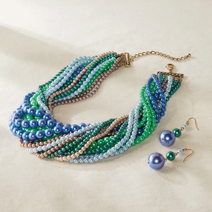 Multi-Strand/Multicolor Faux-Pearl Necklace & Earring Set, , large
