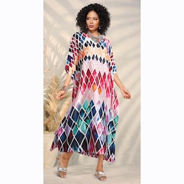 Delu Long Maxi Caftan with V-Neck and Watercolor Print, , large