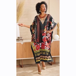Jira Women's Long Caftan with Exotic Floral Print, , large