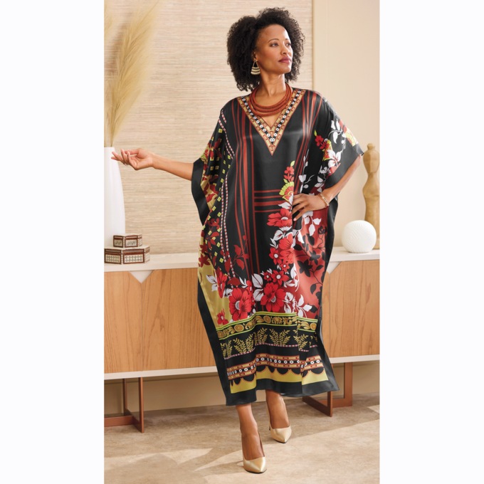 Jira Women's Long Caftan with Exotic Floral Print, , large