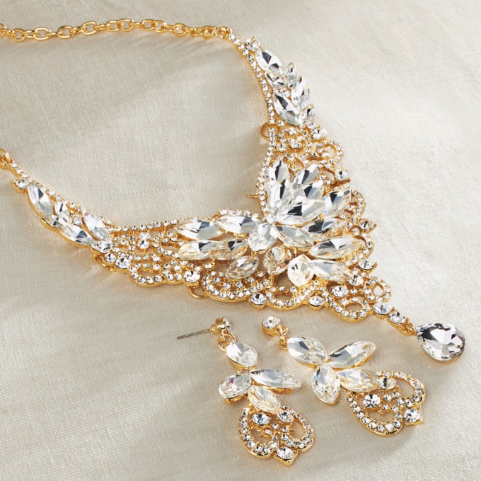 Crystal Marquise Bib Necklace & Earring Set, Goldtone, large