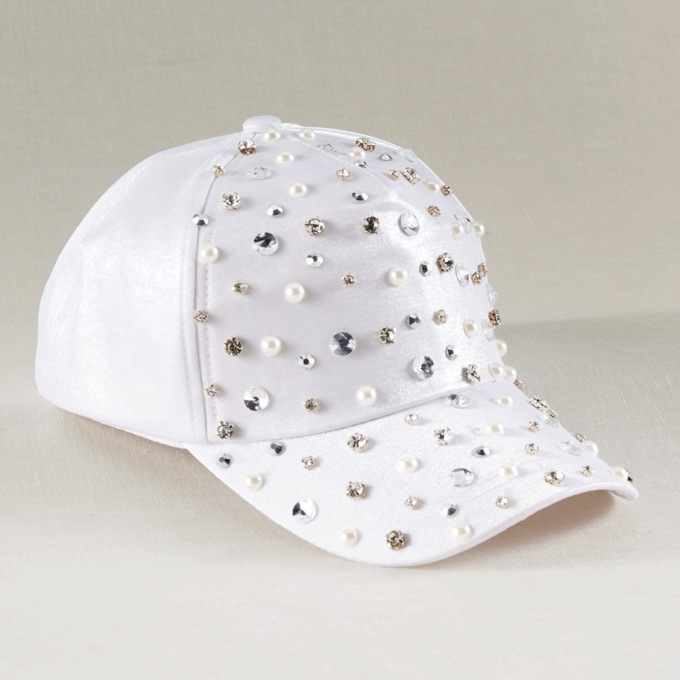 Rhinestone and Faux Pearl Satin Baseball Cap with Adjustable Back, White, large
