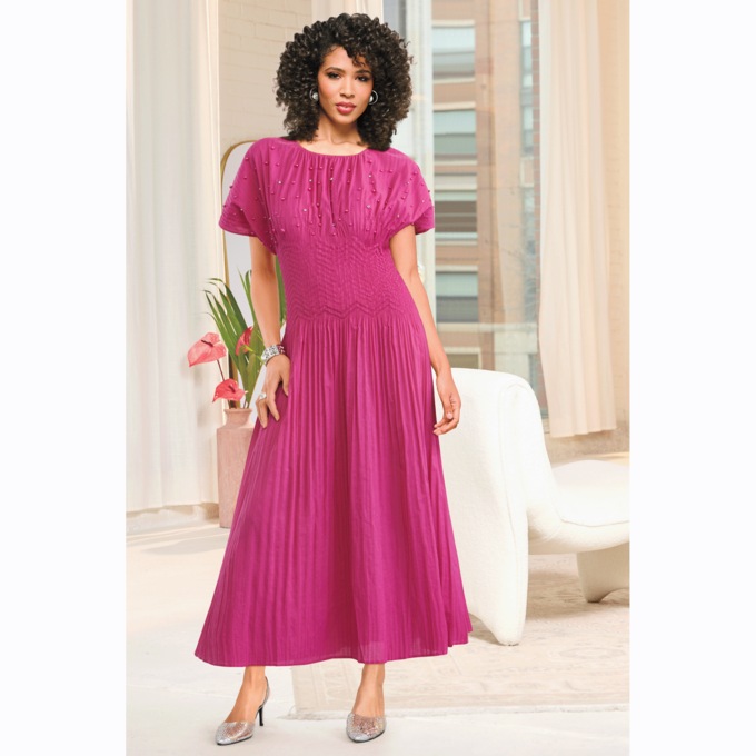 Zinua Pleated-Waist Women&rsquo;s Embellished Maxi Dress with Dolman Sleeves, , large