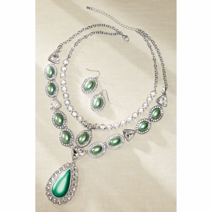 Green Faux-Pearl/Crystal Necklace & Earring Set, , large