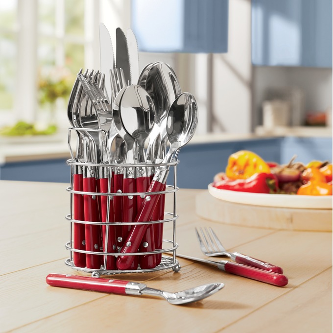 20-Piece Colored Flatware Set with Round Wire Caddy, , large