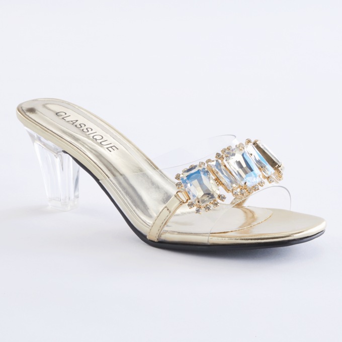 The Classique Vinyl Rhinestone Slide for Women with a Clear 2.5" Lucite Heel, , large