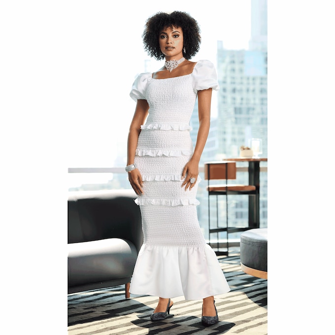 Ayesha Smocked Satin Maxi Dress, White, large