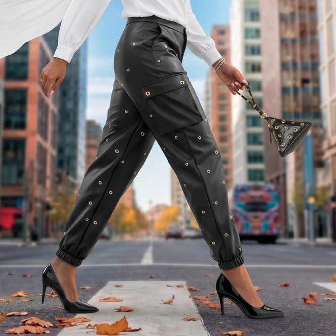Faux-Leather Grommet Jogger with Cargo Pockets and Elastic Cuffs, , large