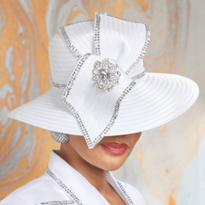 Noemie Hat with Rhinestones, Brooch and Bow, White, large