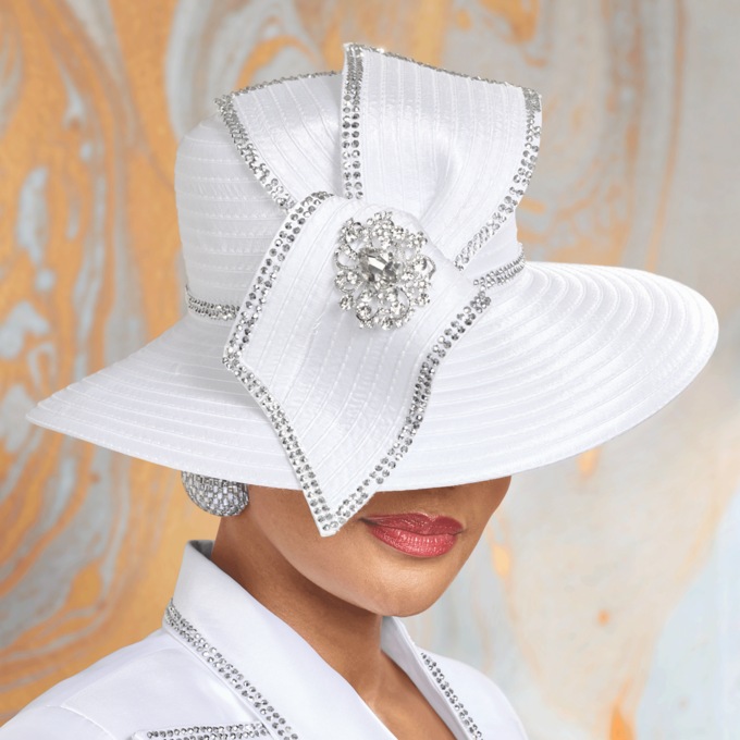 Noemie Hat with Rhinestones, Brooch and Bow, White, large