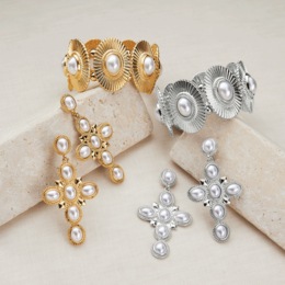 Faux-Pearl Cross Earrings &amp; Stretch Bracelet, , large