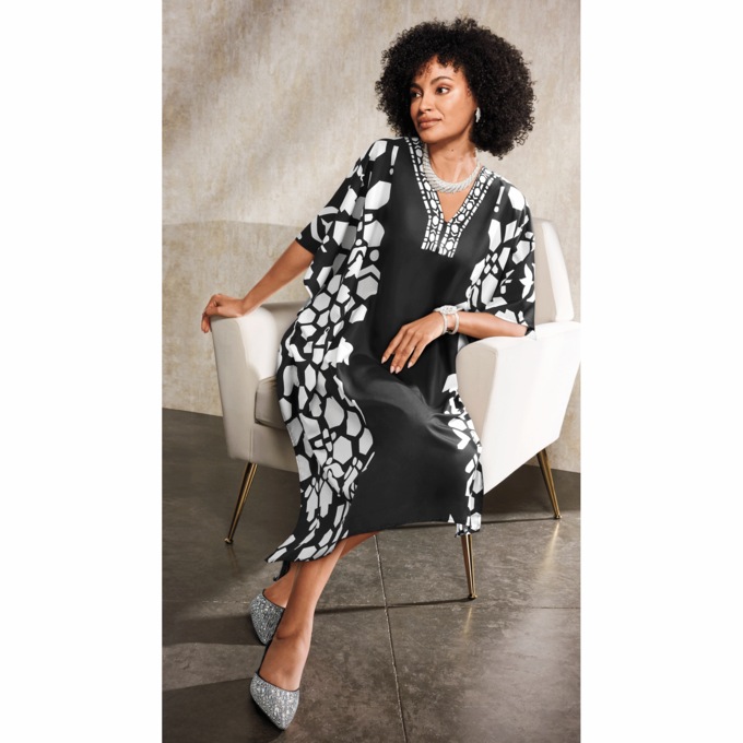 Daisha Short Caftan with V-Neckline and Colorblocking , , large