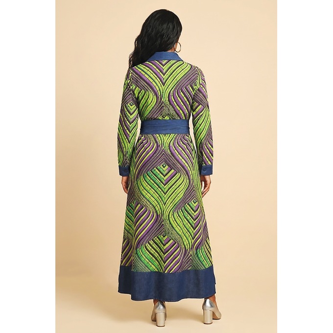 Faydia Cotton and Denim-Trim A-Line Maxi Shirtdress for Women, , large