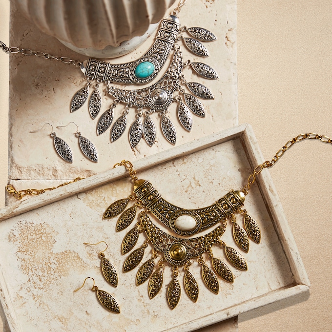 Southwest Stone and Feather Necklace/Earring Set, , large