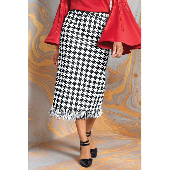 Hudson Houndstooth Midi Pencil Skirt with Feather Trim, , large
