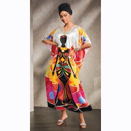 Zaya Long Maxi Caftan with V-Neck and Afrocentric Queen Graphic, , large
