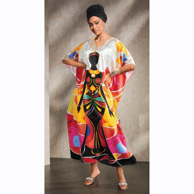 Zaya Long Maxi Caftan with V-Neck and Afrocentric Queen Graphic, , large