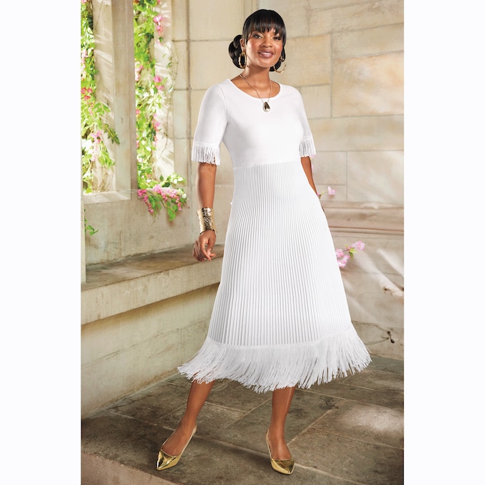 Maecee A-Line Fringe Hem Sweater Dress, , large