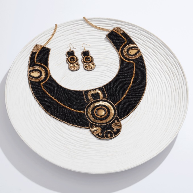 Black Metal Beaded Necklace and Earring Set, , large