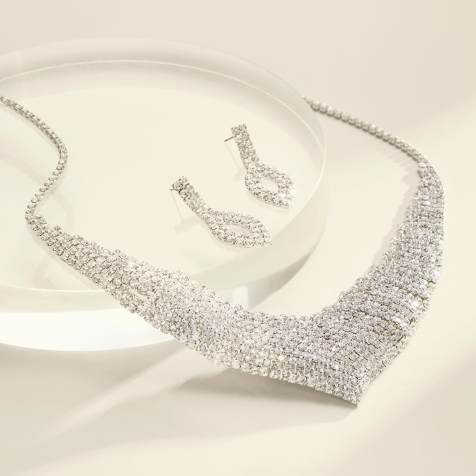 Crystal V-Shaped Bib Necklace & Earring Set, , large
