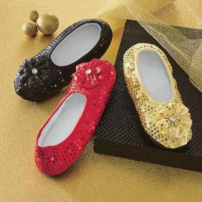 Women's Sequined Footie Slippers, , large