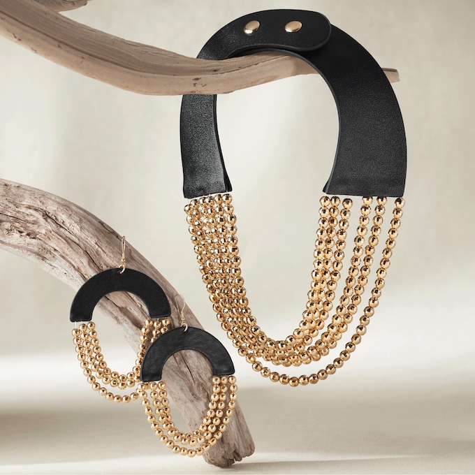 Faceted Bead/ Faux-Leather Necklace & Earring Set, , large