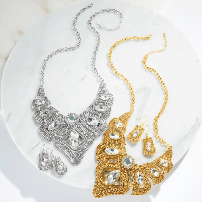 Vintage-Style Crystal Scroll Necklace & Earring Set, , large