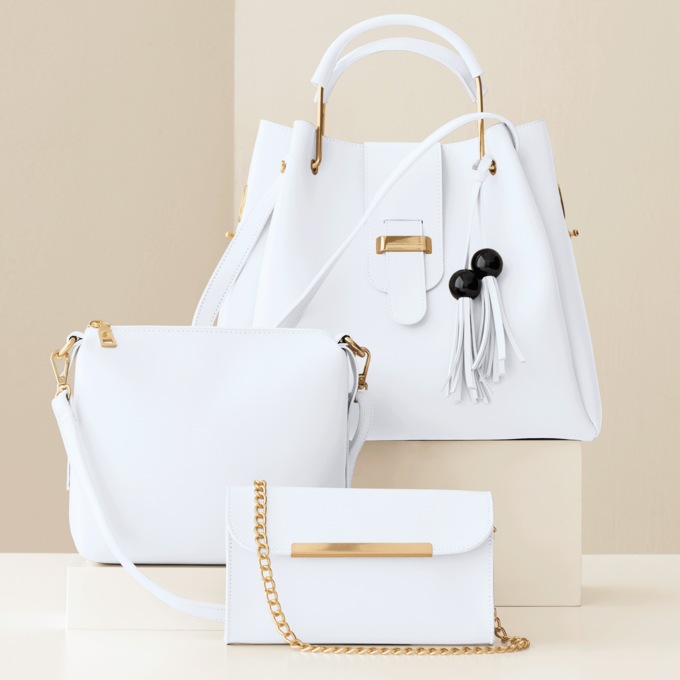 Cilia 3-Piece Faux-Leather Satchel, Crossbody & Clutch Purse Set with Adjustable Strap for Women, White, large