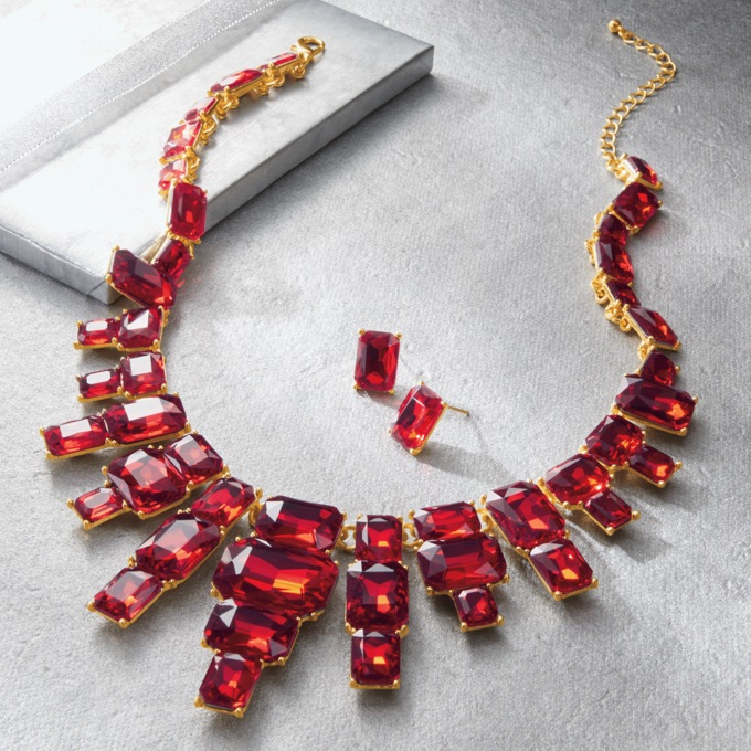 Emerald-Cut Crystal Necklace & Earring Set, Red, large