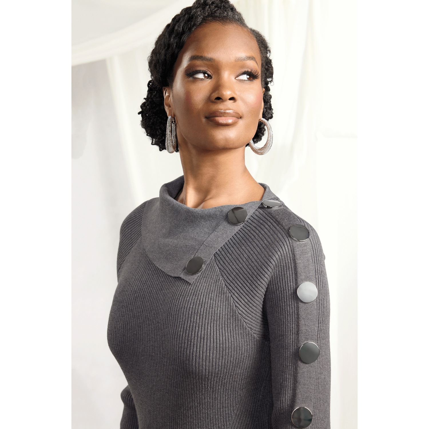 silver dress sweater Bold Button Sweater Sheath Dress, Size XL, Silver, Misses