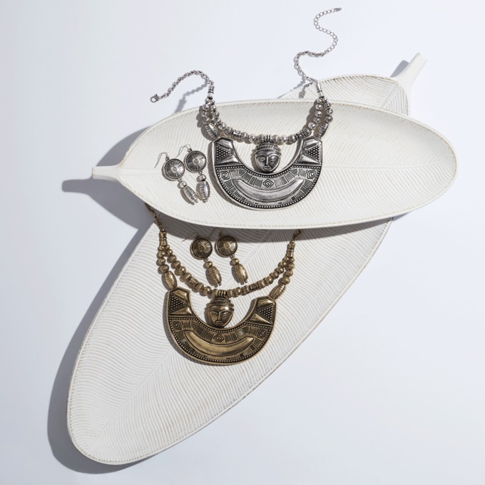 Face Ethnic Metal Necklace and Earring Set, , large