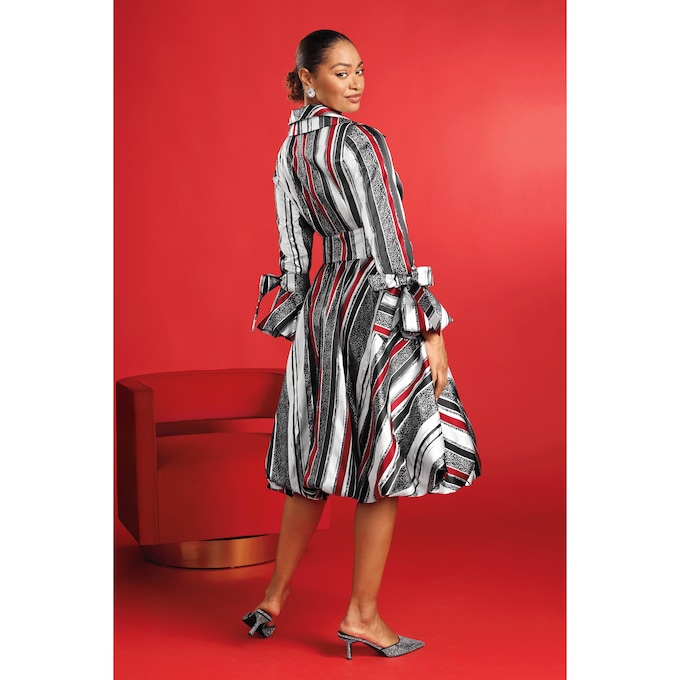 Thressa Bubble-Hem A-Line Dress with Double-Collar, Bows and Bold Stripes, , large