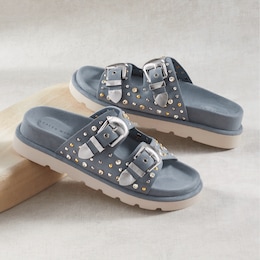 Azalea Wang Oswald Double Buckle Slide with Rhinestones and Studs, , large