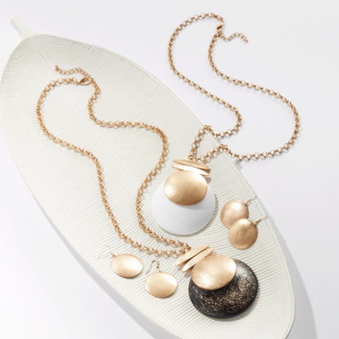 Long Necklace with Double Disc Pendant & Earrings, , large